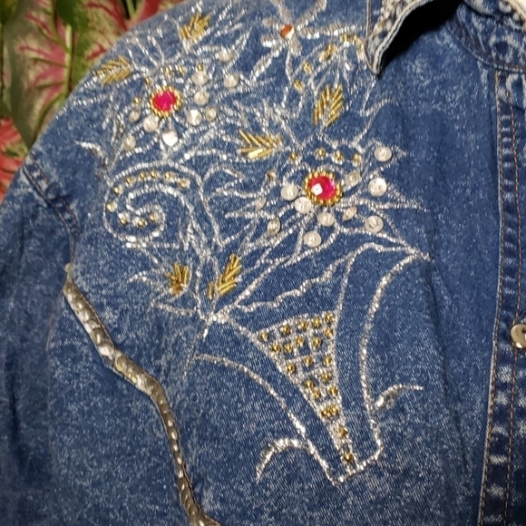 Vintage PRETTY BLEU Sequin Western Denim Shirt VGU Large Oversized - Picture 3 of 9